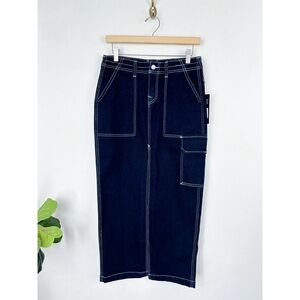 NWT True Religion Dark Wash Contrast Stitch Denim Cargo Slitted Maxi Skirt Sz 26